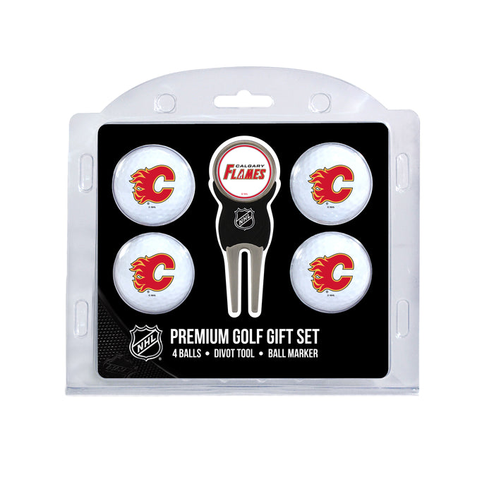 Calgary Flames four ball golf gift set with divot tool and ball marker