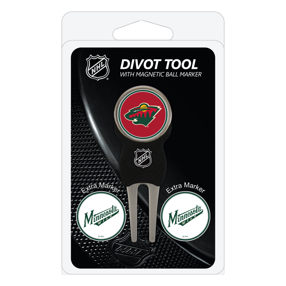 Minnesota Wild divot repair tool and three ball markers
