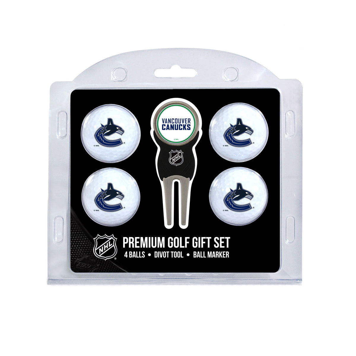 Vancouver Canucks four ball golf gift set with divot tool and ball marker
