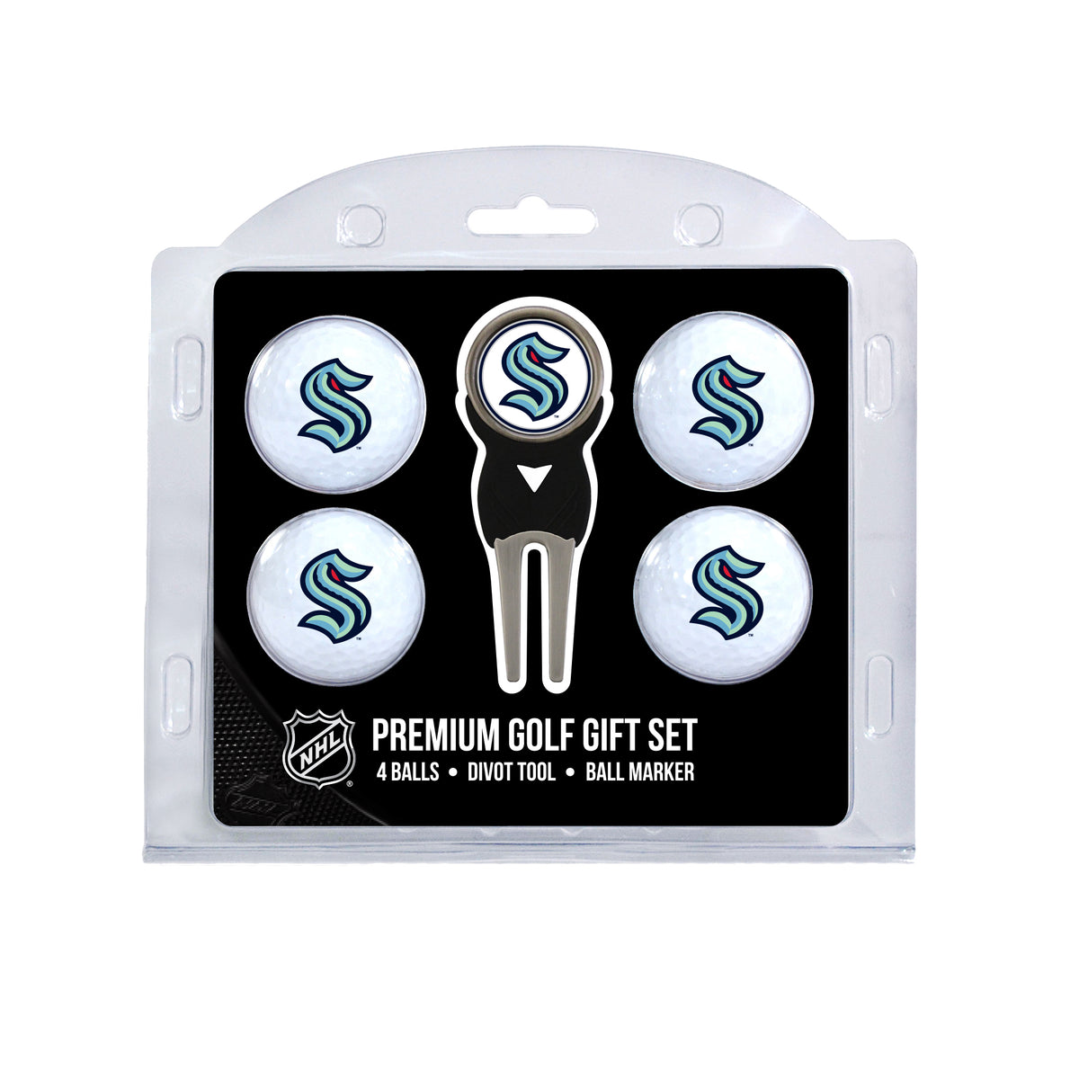 Seattle Kraken four ball golf gift set with divot tool and ball marker