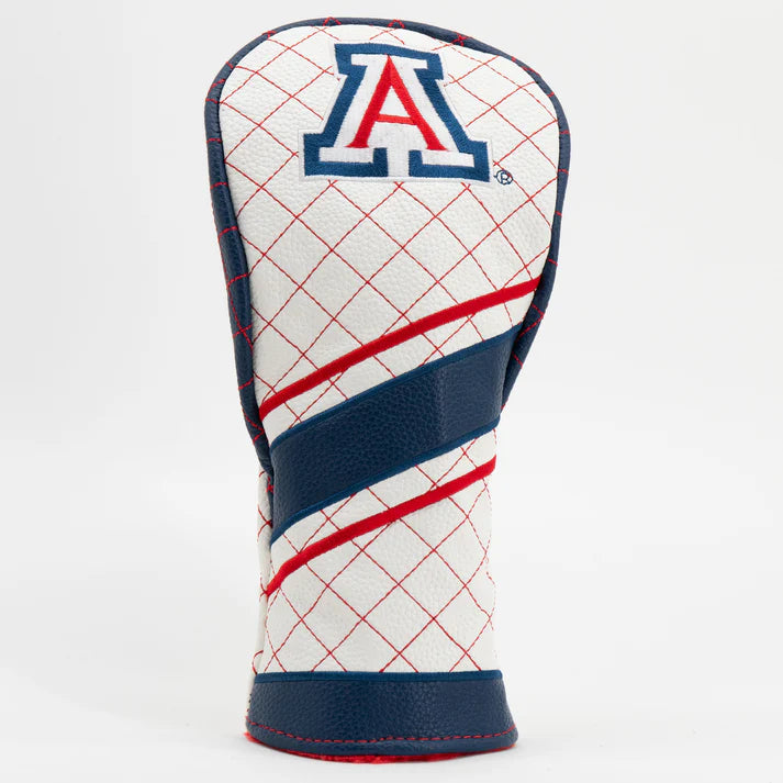Golf club head cover with grid pattern and 'A' logo on a white background