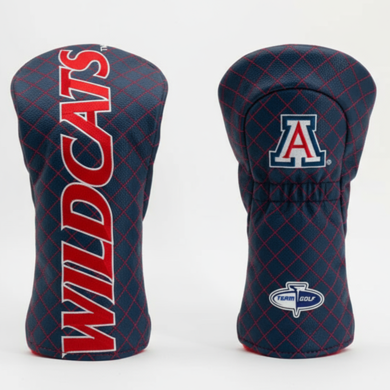 Two golf club head covers, one with 'Wildcats' text and the other with a logo, on a white background.