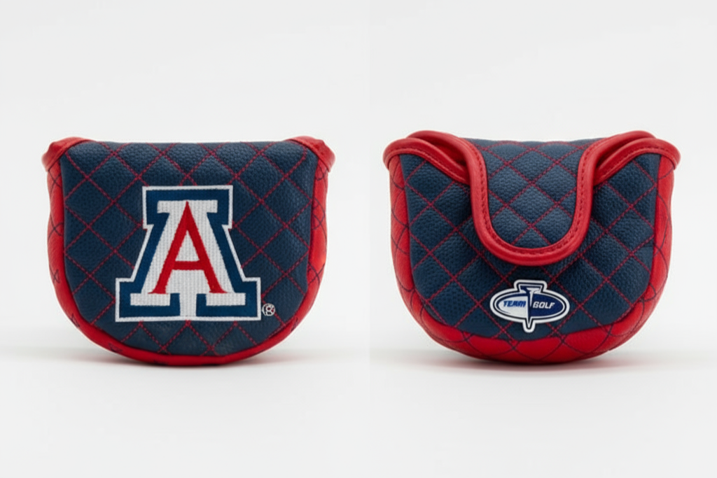 Two navy blue and red golf club covers with logos on a white background