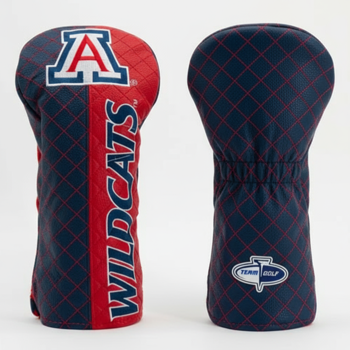 Two golf club head covers, one red and blue with 'Arizona Wildcats' text, the other navy with 'Tennis Golf' text, on a white background.
