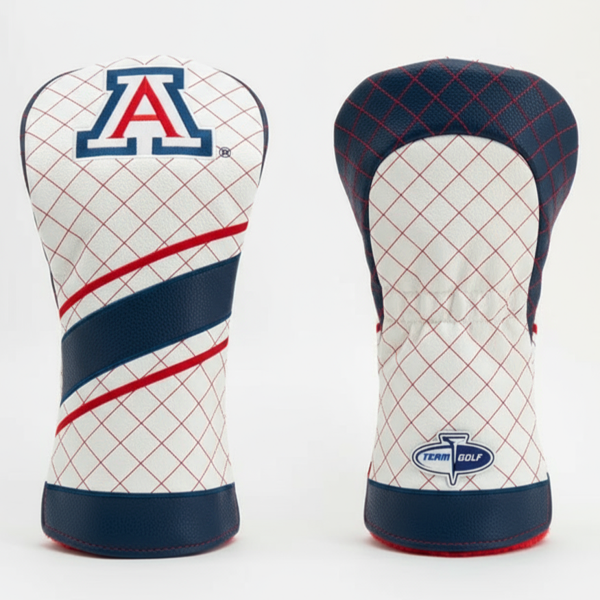 Two golf club head covers with grid pattern and team logos on a white background