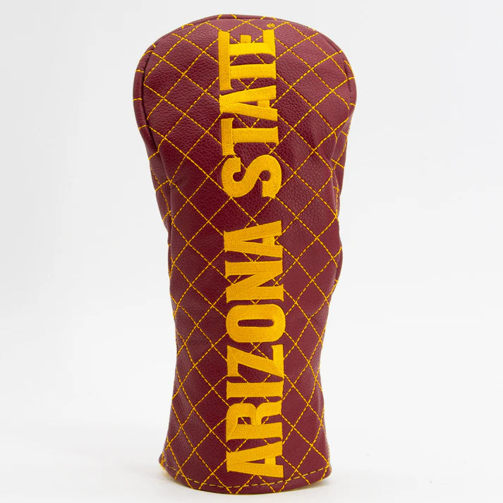 Maroon and yellow Arizona State golf club head cover on a white background