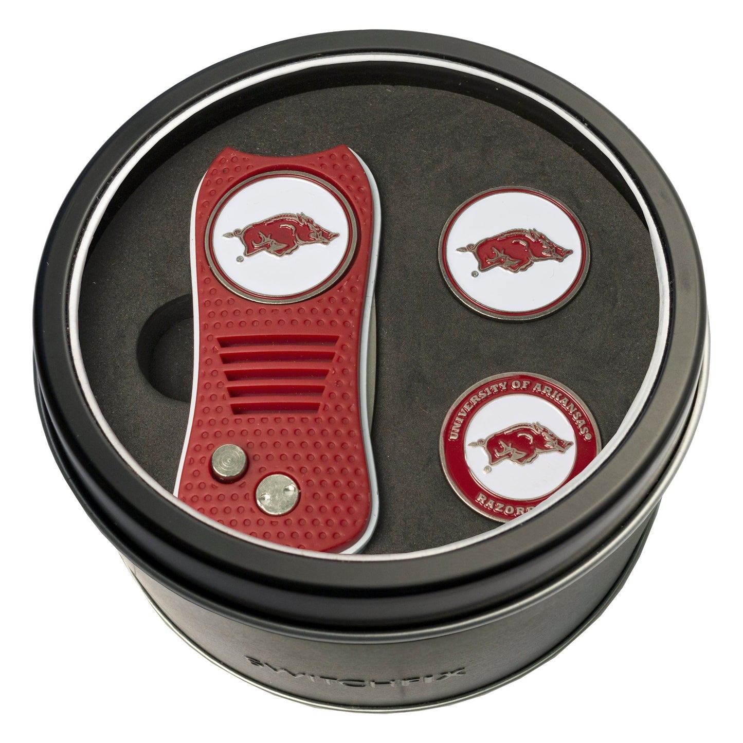 Arkansas Razorbacks Switchblade divot tool and ball marker tin gift set