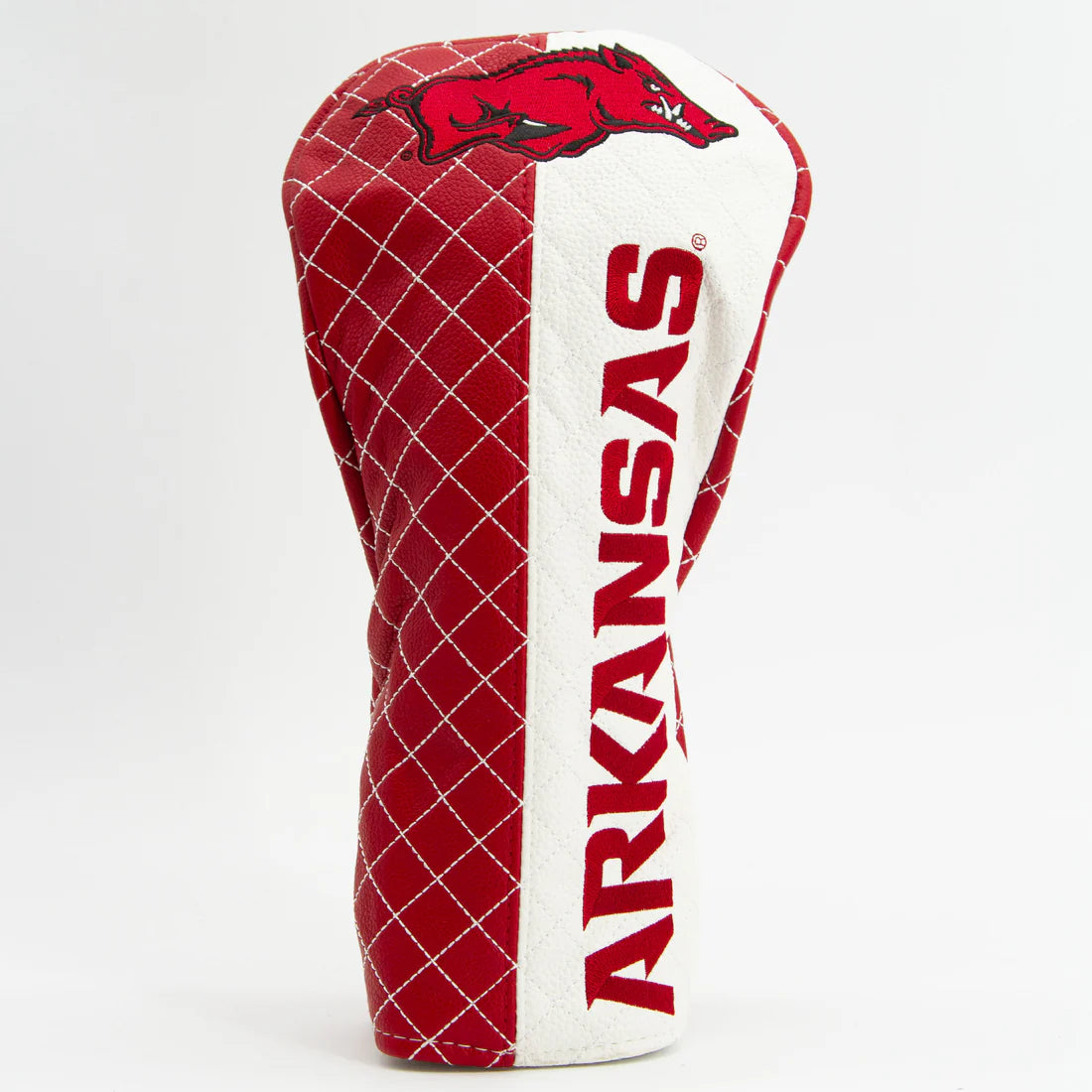 Red and white golf club head cover with 'Arkansas' text and logo on a light gray background