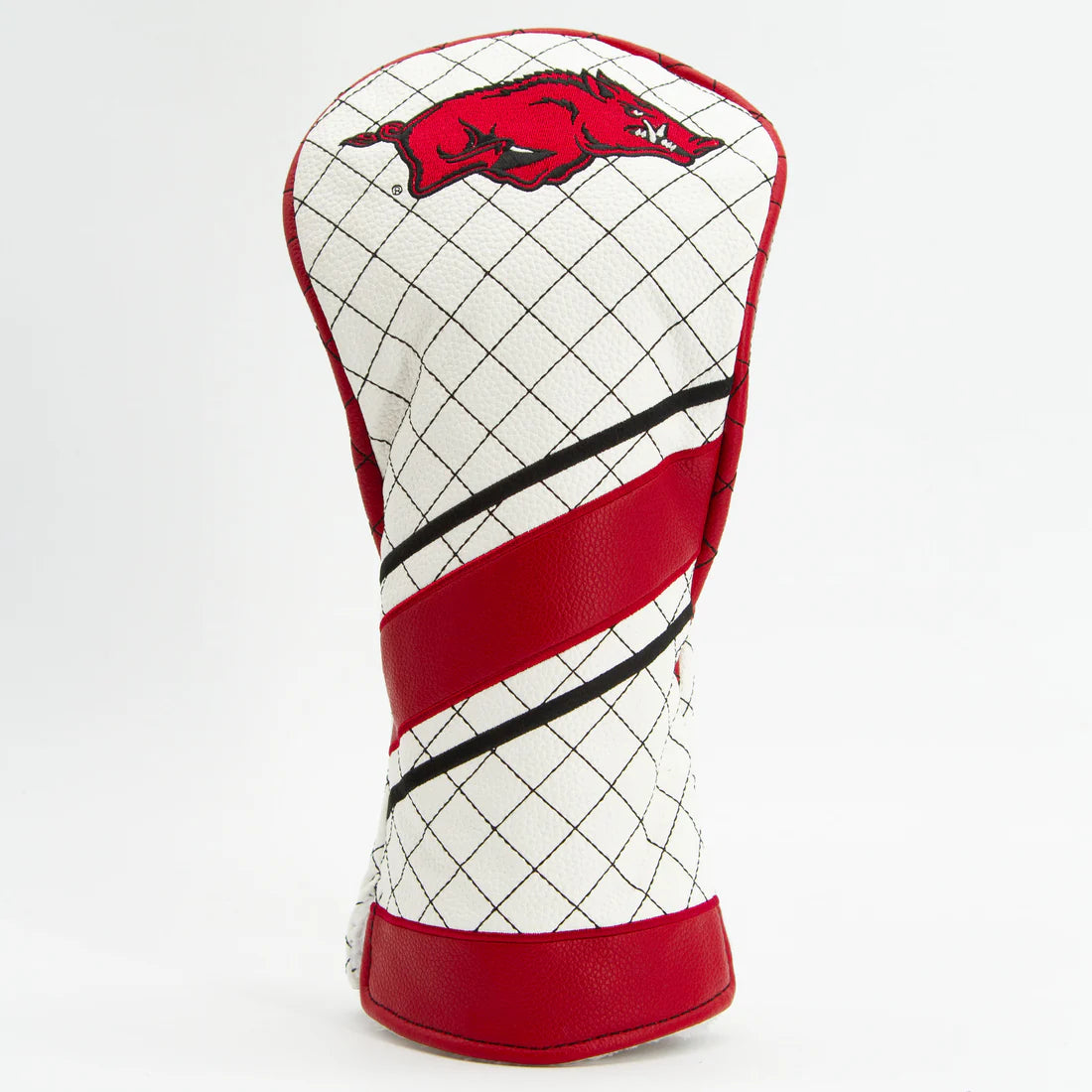 Golf club head cover with red and white design on a white background