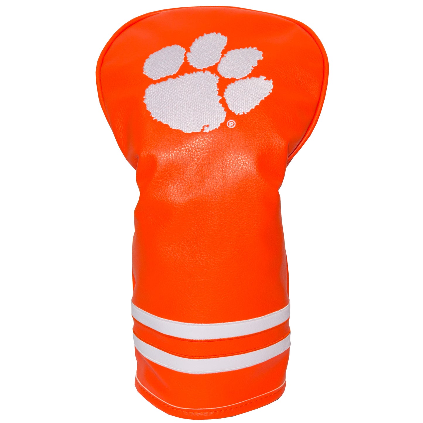 Orange golf club head cover with white paw print logo on a white background