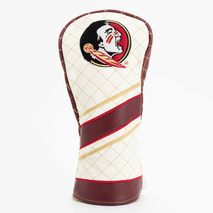 Golf club head cover with a logo on a white background