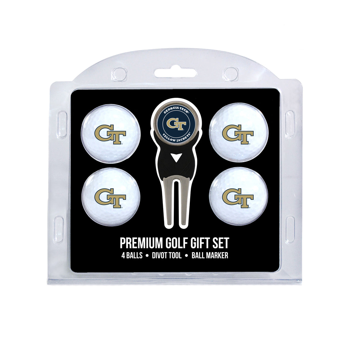 Georgia Tech four ball golf gift set with divot tool and ball marker