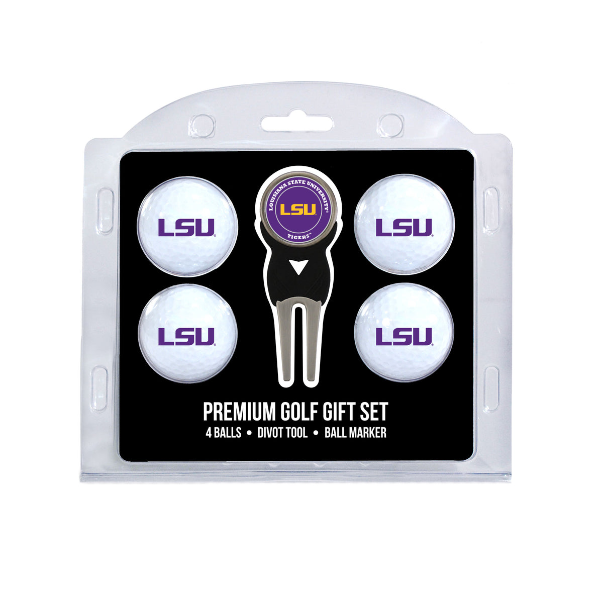 LSU four ball golf gift set with divot tool and ball marker