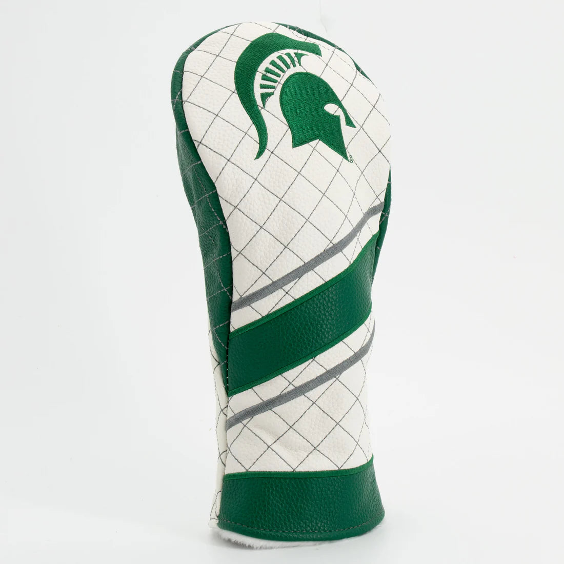 Golf club head cover with green and white design on a white background