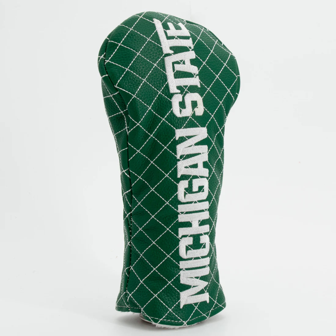 Green golf club head cover with 'Michigan State' text on a white background