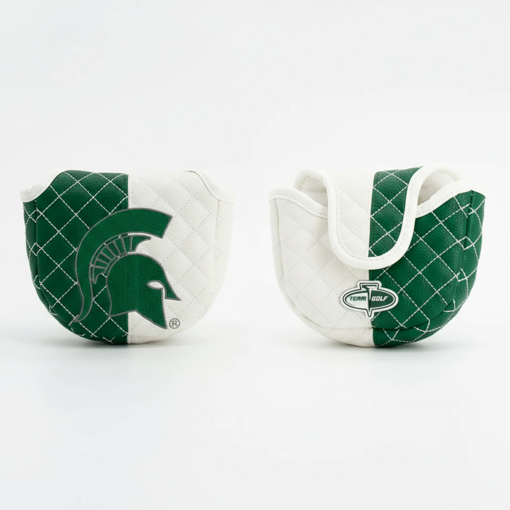 Two green and white golf club covers with Michigan State University logo on a white background