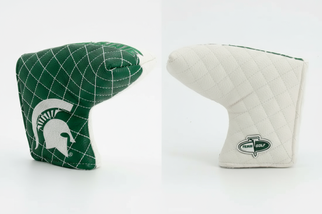 Two golf club covers, one green with a logo and one beige with a different logo, on a white background.