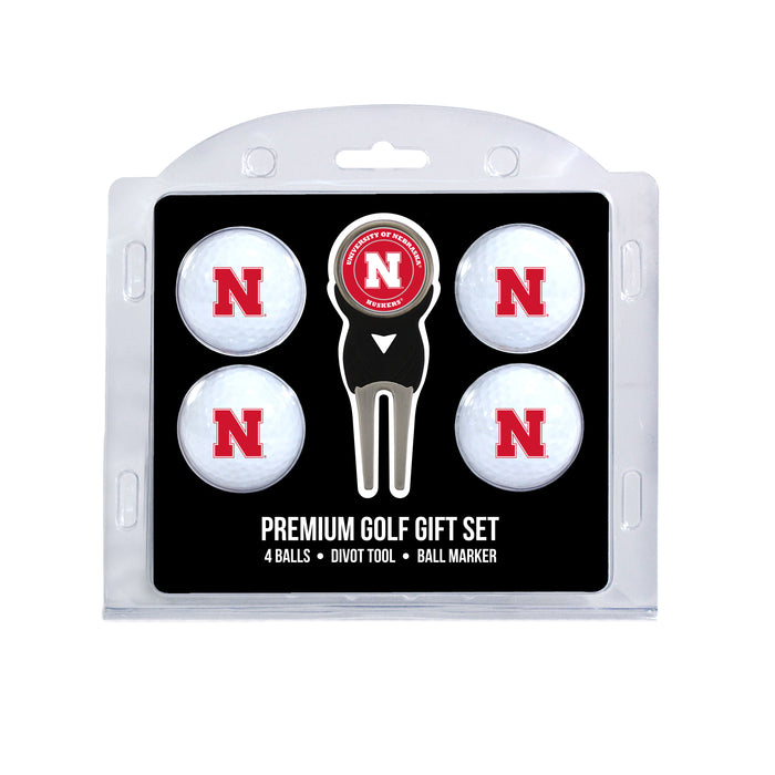 Nebraska four ball golf gift set with divot tool and ball marker