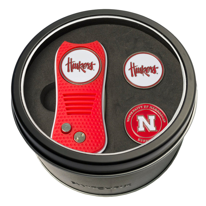 Nebraska Cornhuskers Switchblade divot tool and ball marker tin gift set