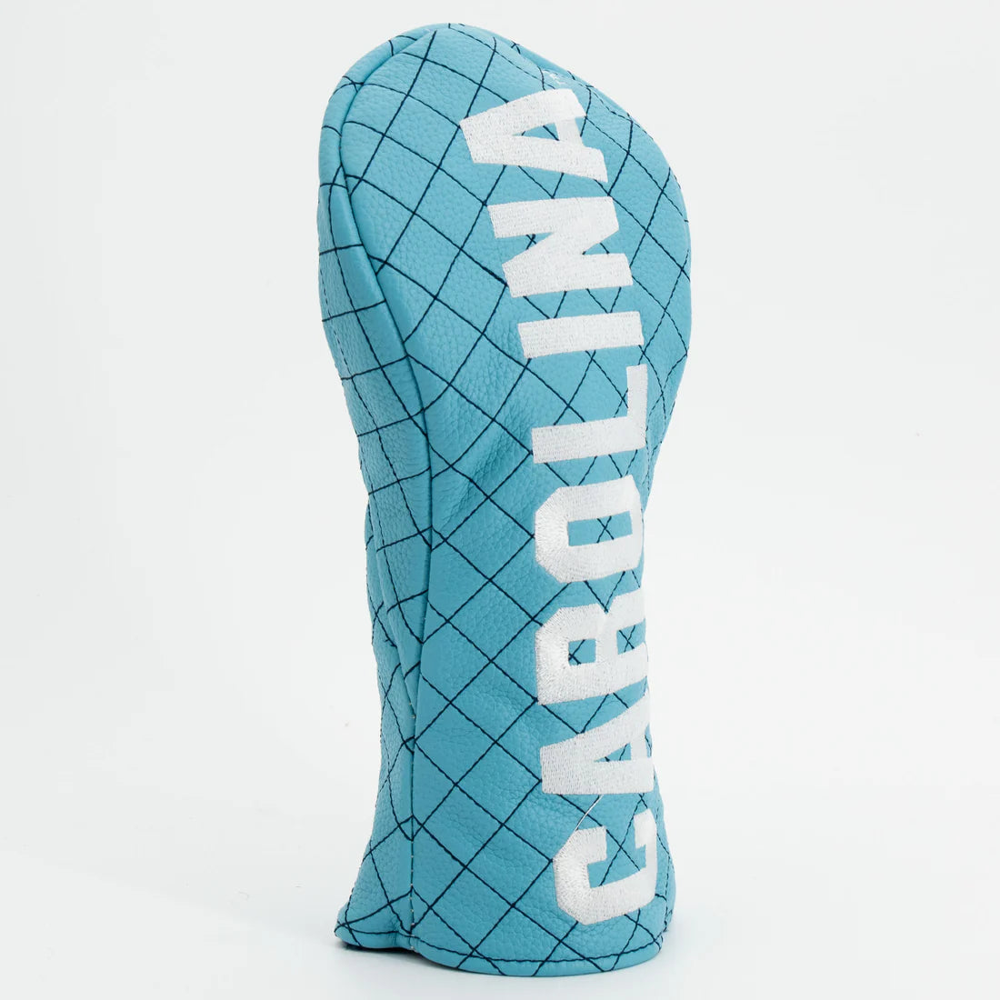 Blue grid-patterned golf club head cover with 'Carolina' text on a white background