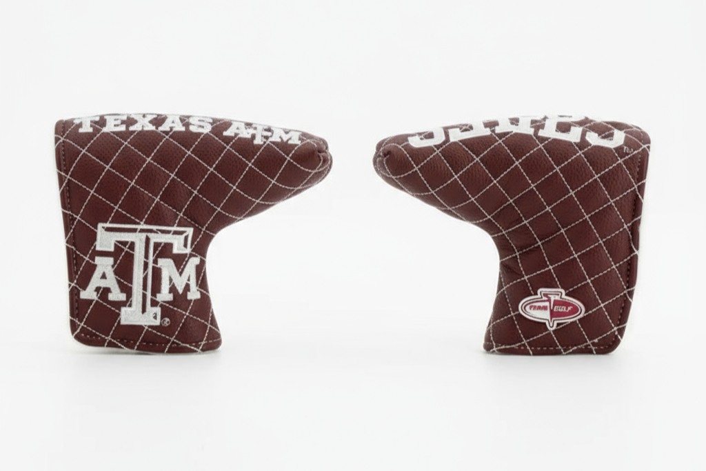 Two brown golf club head covers with Texas A&M logo on a white background