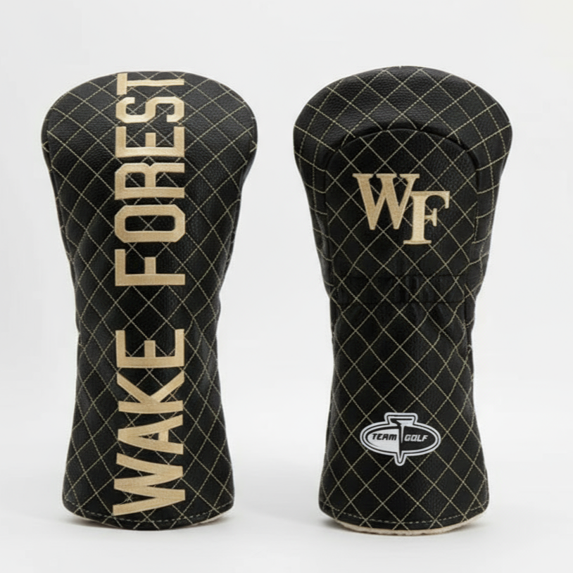 Two black golf club head covers with 'Wake Forest' and 'WF' text on a white background