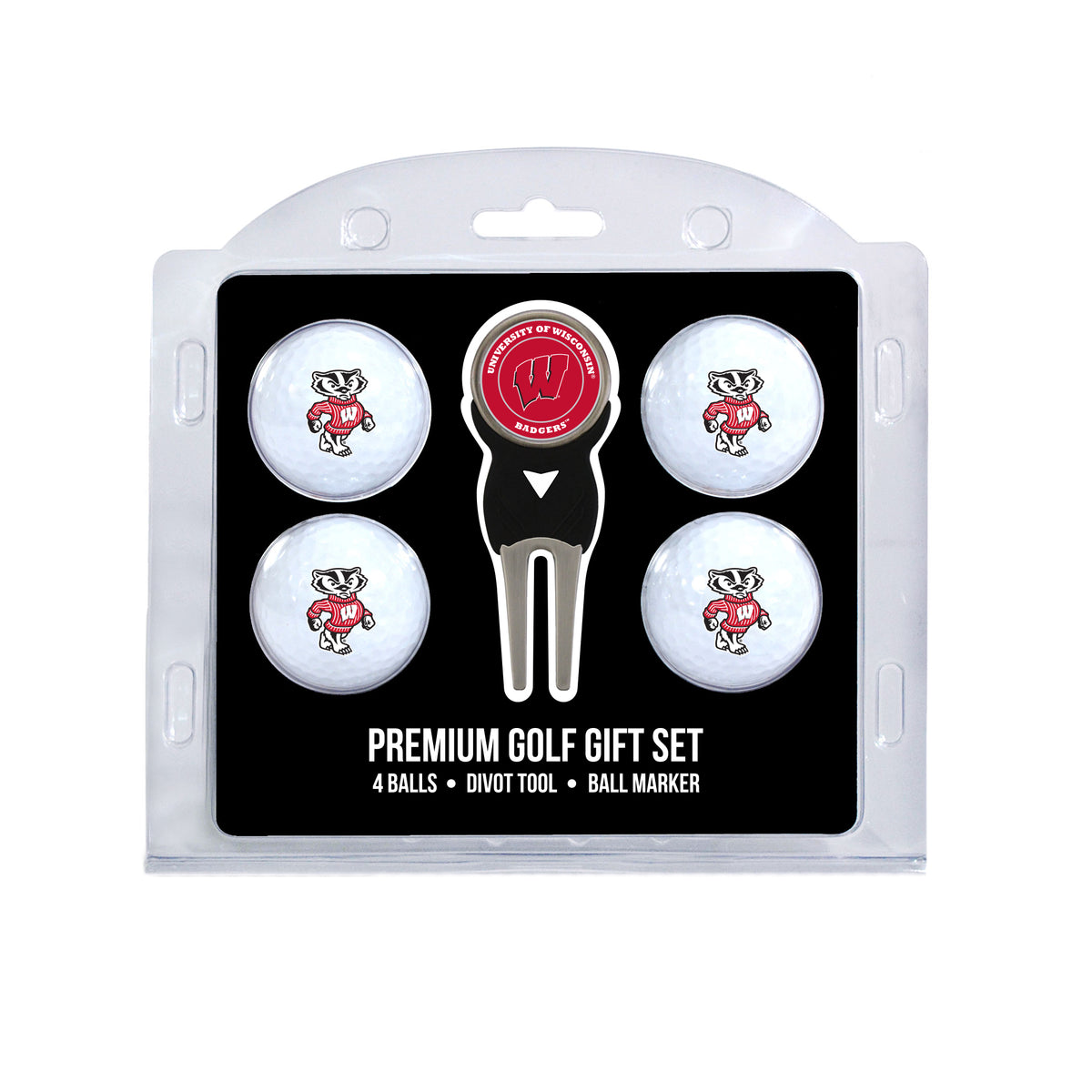 Wisconsin four ball golf gift set with divot tool and ball marker