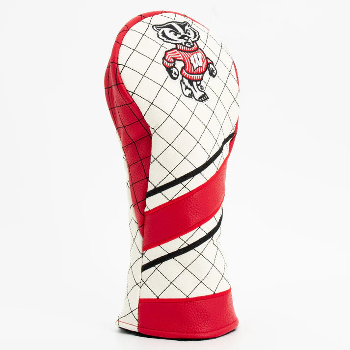 Golf club head cover with red, white, and black design on a white background