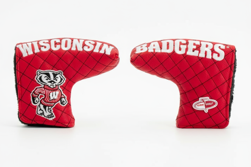 Red golf club covers with 'Wisconsin Badgers' text and logo on a white background