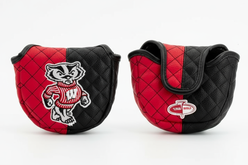 Two quilted golf club covers with logos on a white background