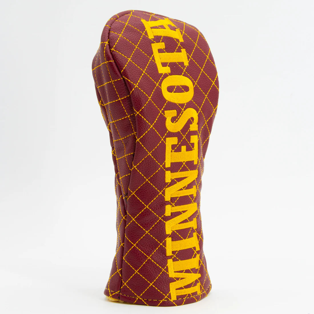 Maroon and yellow golf club head cover with 'MINNESOTA' text on a white background