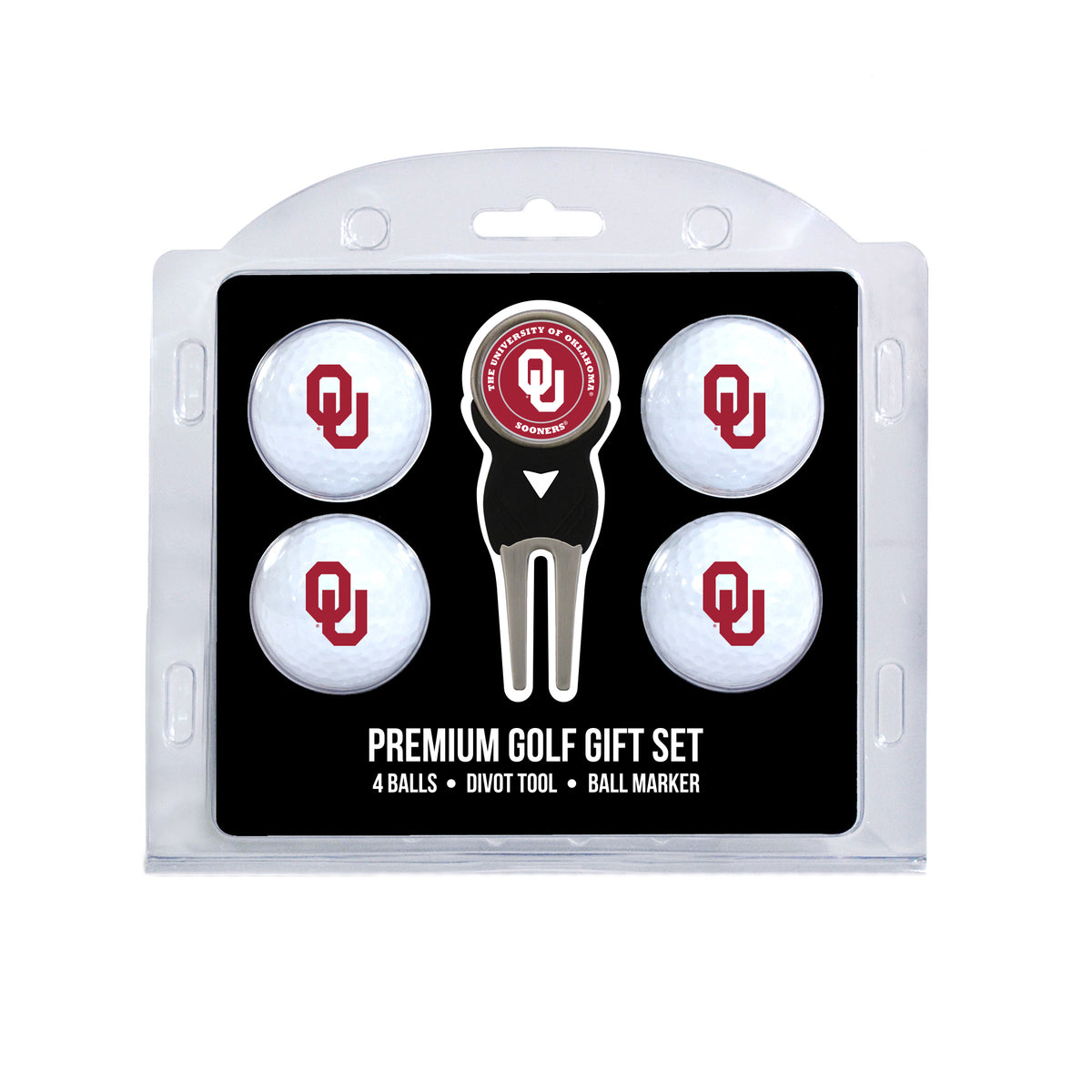 Oklahoma four ball golf gift set with divot tool and ball marker