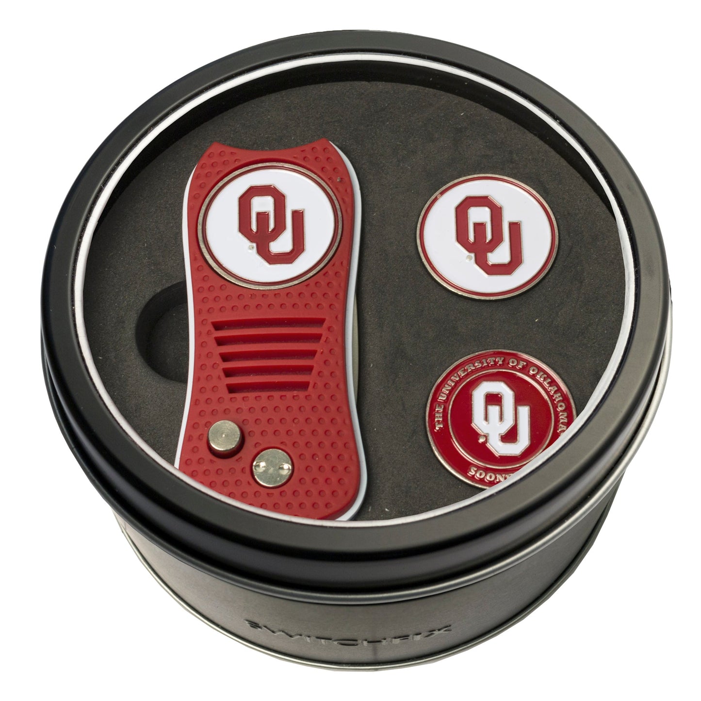 Oklahoma Sooners Switchblade divot tool and ball marker tin gift set