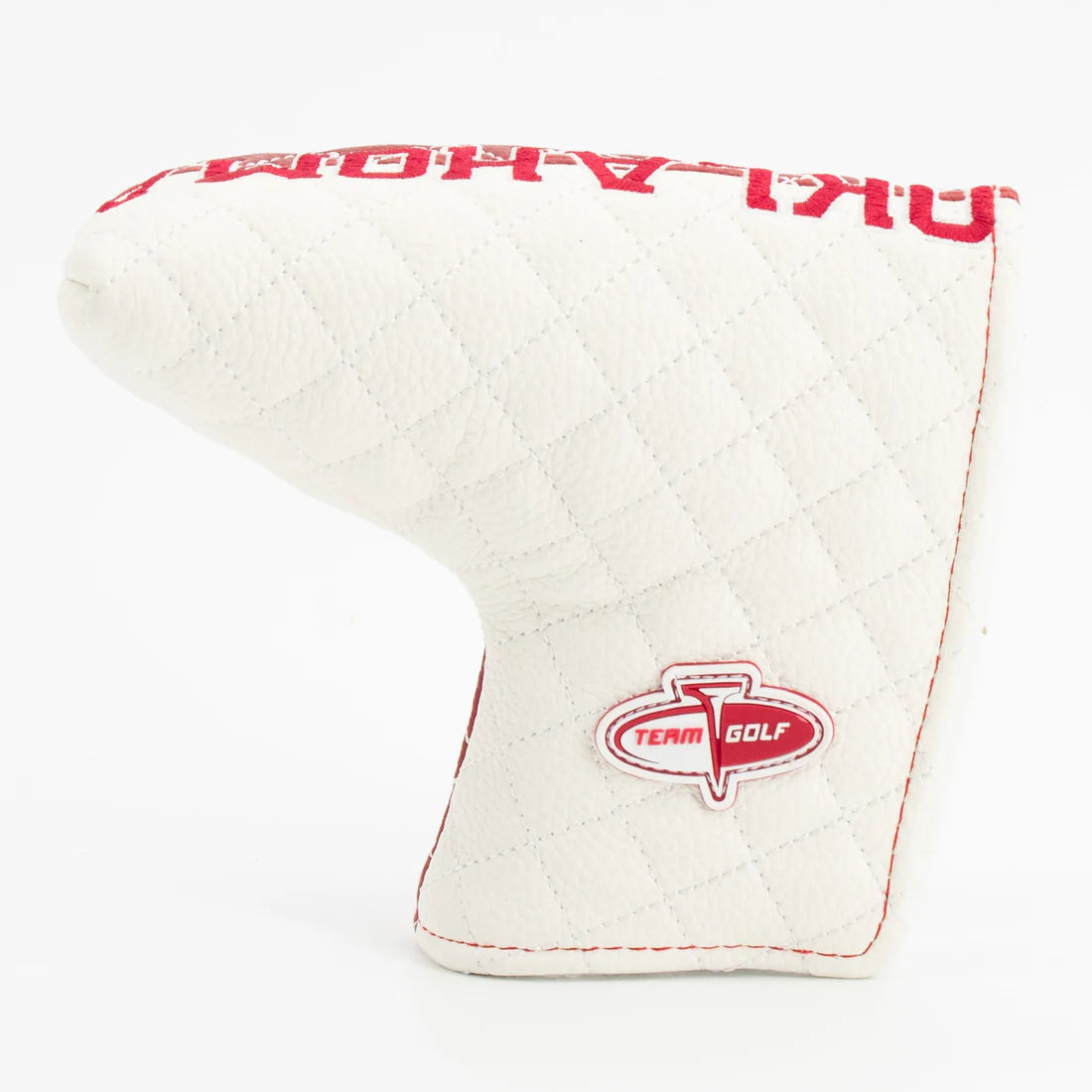 White golf club head cover with red text and logo on a white background