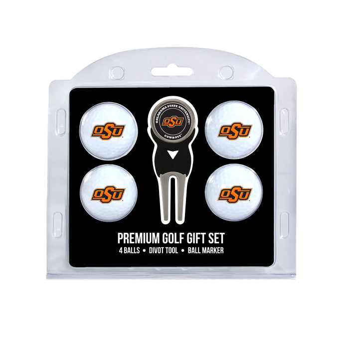 Oklahoma State four ball golf gift set with divot tool and ball marker