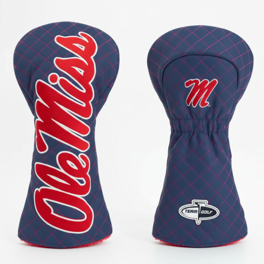 Two golf club head covers with 'Ole Miss' and a logo on a white background