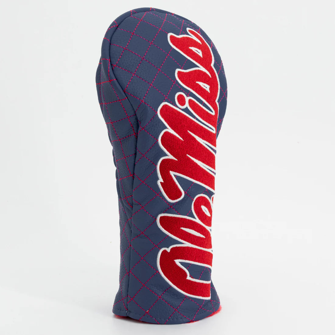 Golf club head cover with ' Ole Miss' text on a white background