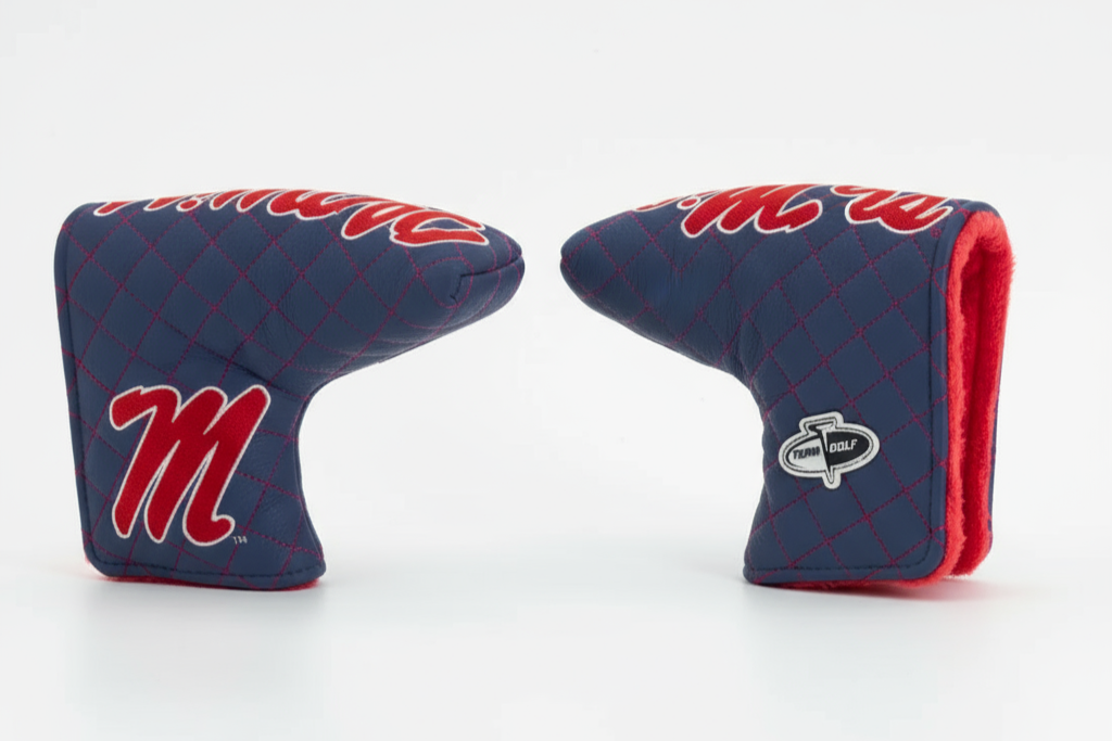Two blue and red golf club covers with a logo on a white background