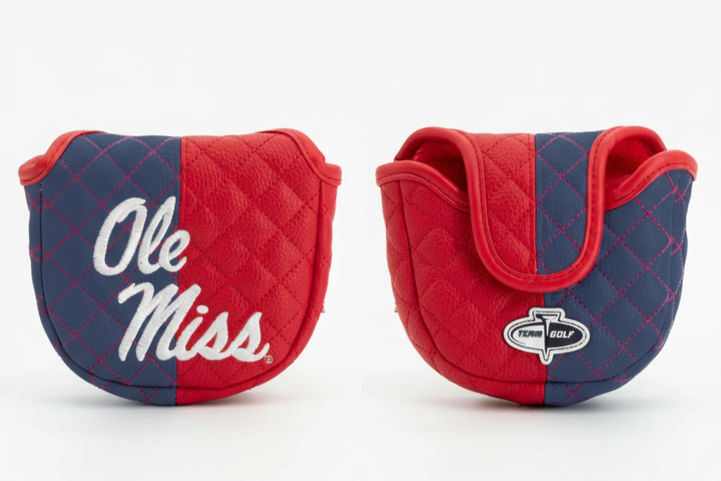 Red and navy golf club covers with 'Ole Miss' text and logo on a white background