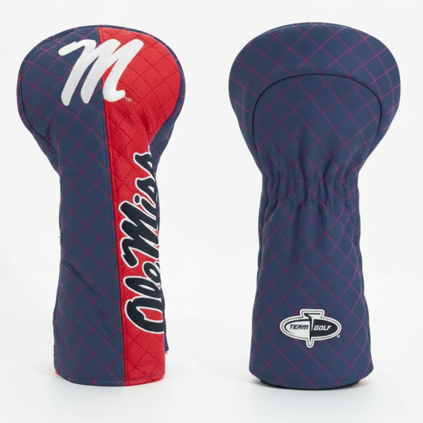 Two golf club head covers with 'Ole Miss' branding on a white background