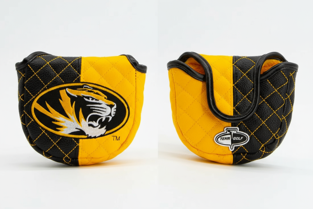 Two golf club head covers with a tiger logo on a white background