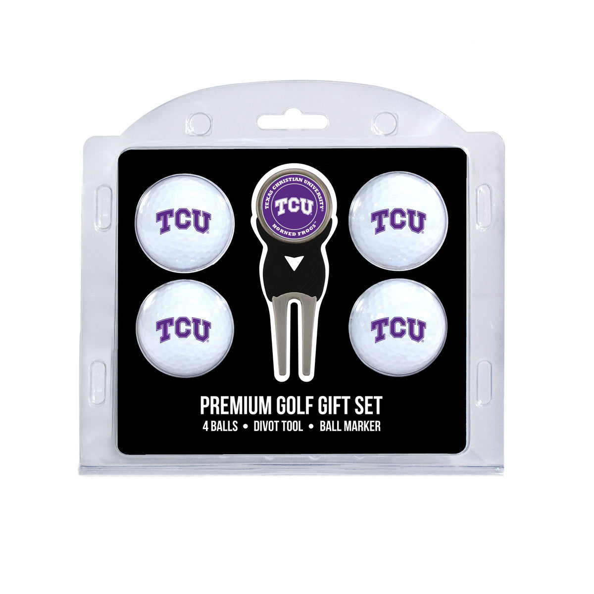 TCU four ball golf gift set with divot tool and ball marker