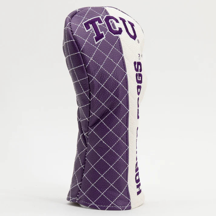 Purple and white golf club head cover with 'TCU' branding on a light gray background