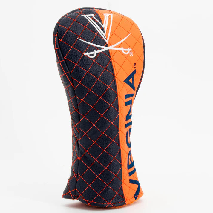 Golf club head cover with orange and navy design on a white background