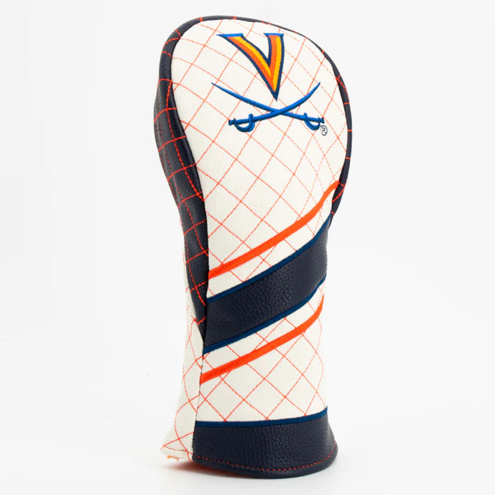 Golf club head cover with grid pattern and logo on a white background