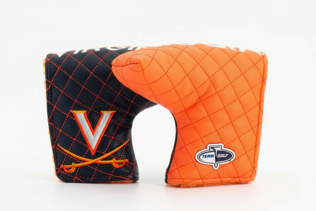 Two golf club covers, one black with orange accents and a logo, the other orange with a different logo, on a white background.