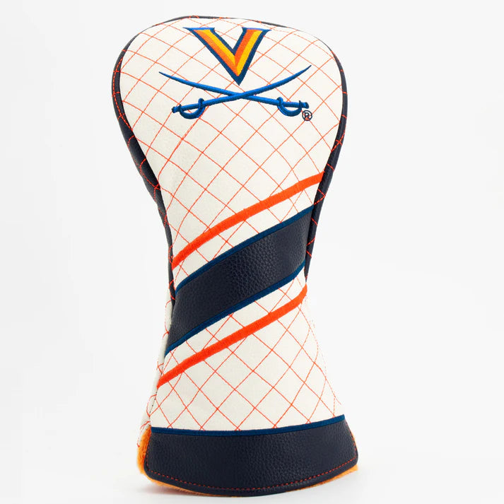 Golf club head cover with grid pattern and colorful design on a white background