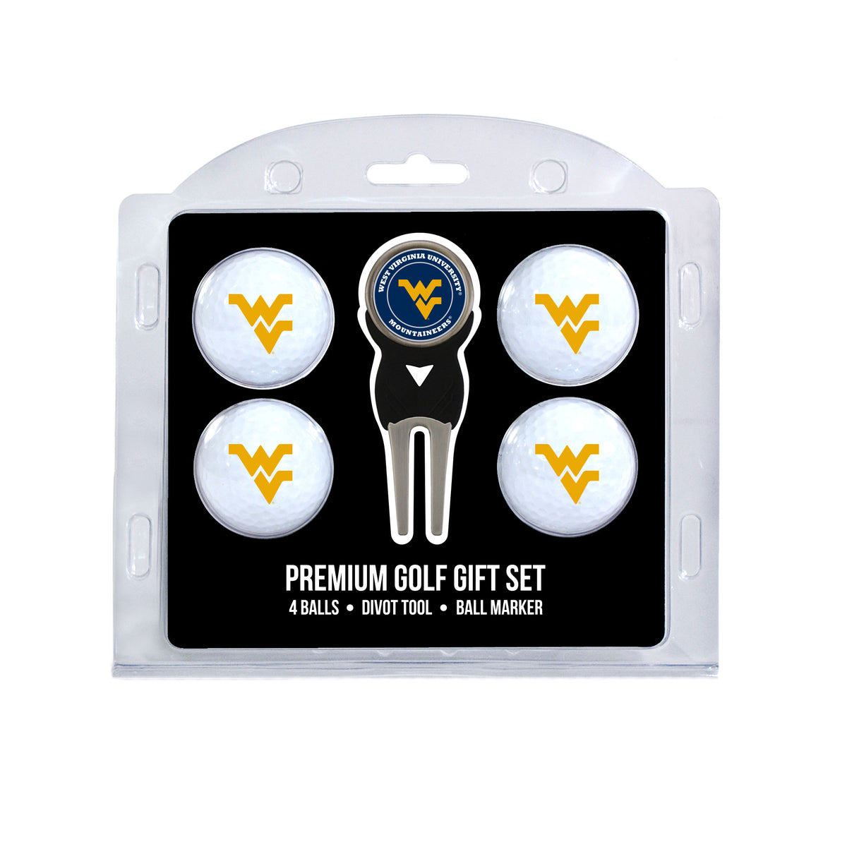 West Virginia four ball golf gift set with divot tool and ball marker