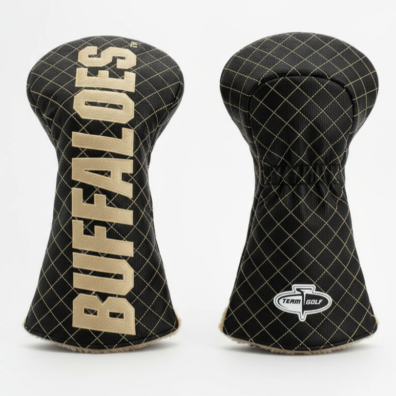 Two black golf club head covers with 'BUFFALOES' branding on a white background