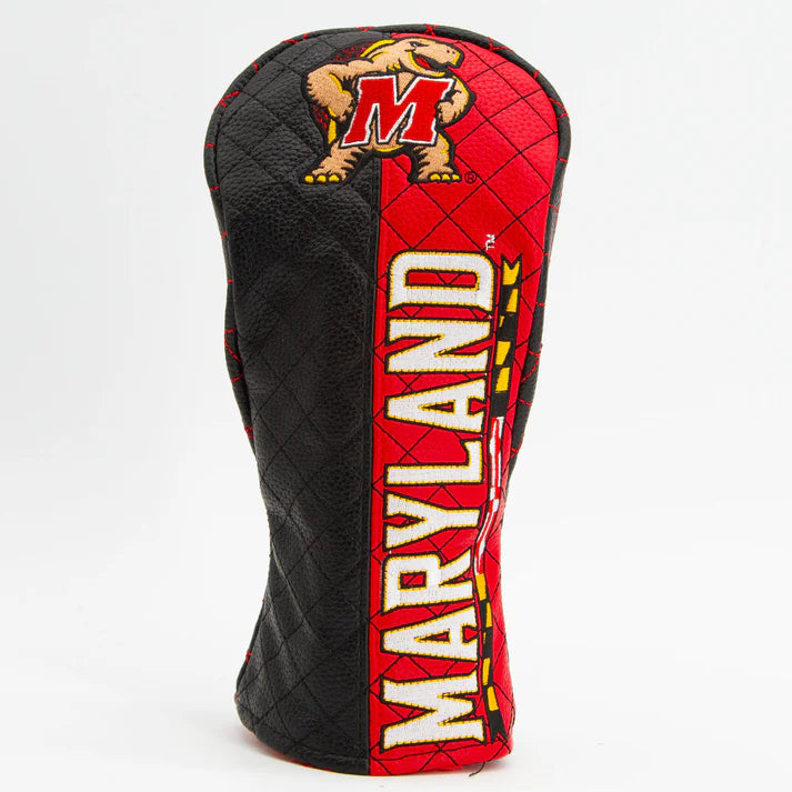 Golf club head cover with Maryland logo on a white background